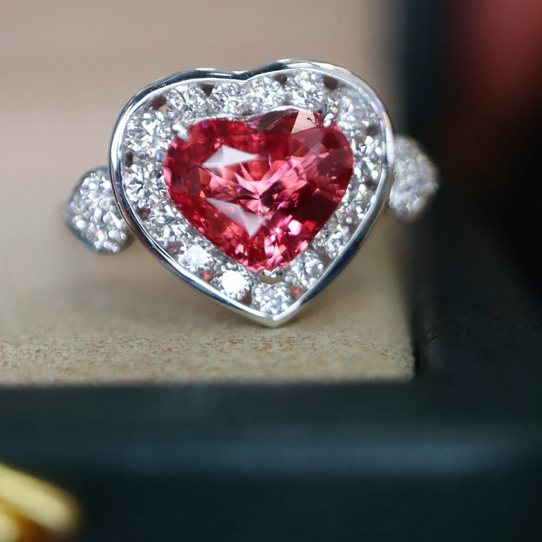 14k Gold 2.06 Ctw Natural Spinel & Diamond Ring: Ref:230989190 // gold content:14k gold // ring size:7. 25us // // main gemstone:spinel // shape:heart // carat weight:1. 58ct // color:red // treatment:natural // cut grade:g // // adjacent gemstone 2