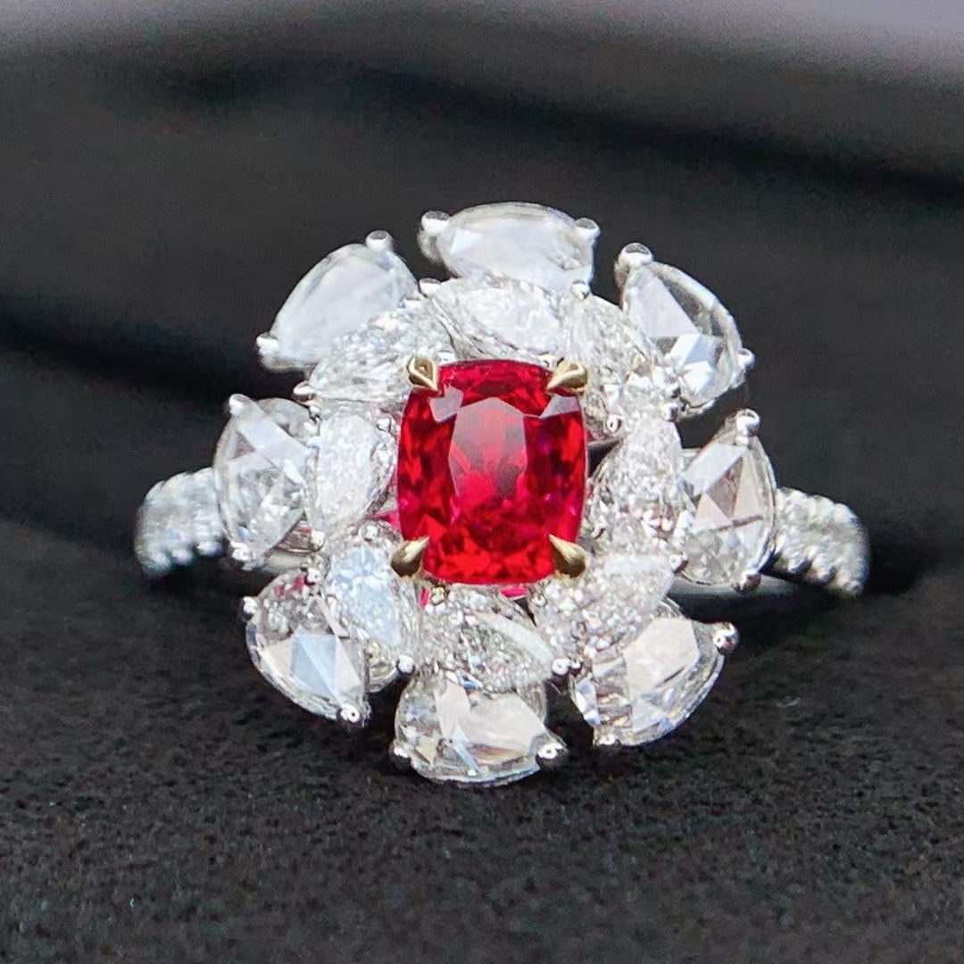 14k Gold 1.69 Ctw Vivid Red Natural Spinel & Diamond Ring: Ref:230963118 // gold content:14k gold // ring size:7. 25us // // main gemstone:spinel // shape:cushion // carat weight:0. 80ct // color:vivid red // treatment:natural // // adjacent gemstone 2 : diam