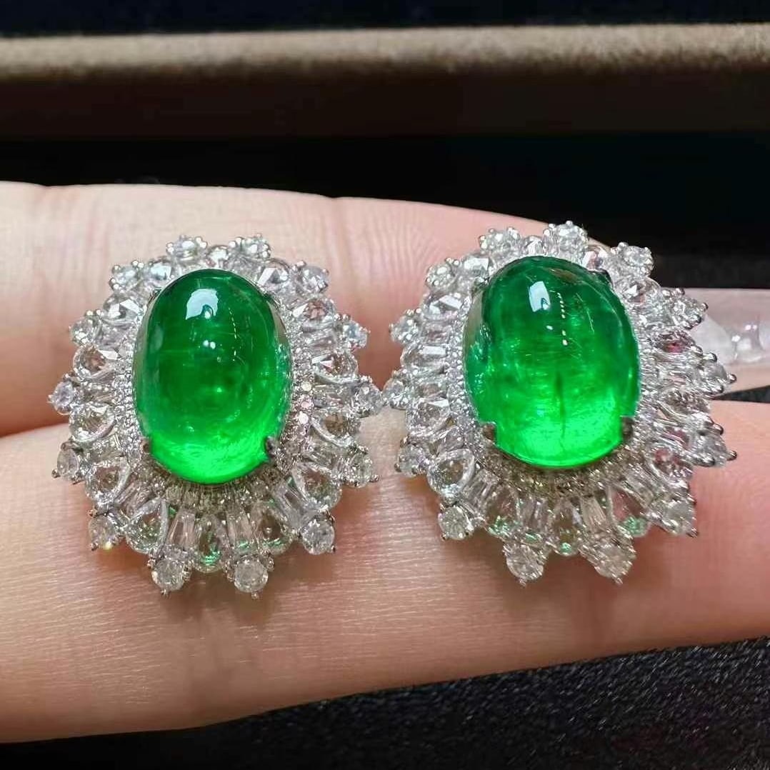 14k Gold 7.65 Ctw Vivid Green Natural Emerald & Diamond Earrings (1 of 5)
