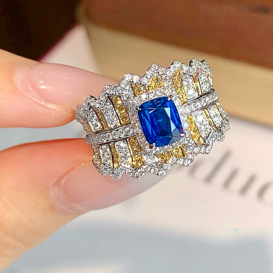 14k Gold 2.13 Ctw Natural Spinel & Diamond Ring: Ref:231006347 // gold content:14k gold // ring size:7. 25us // // main gemstone:spinel // shape:cushion // carat weight:1. 01ct // color:blue // treatment:natural // // adjacent gemstone 2 : diamond /