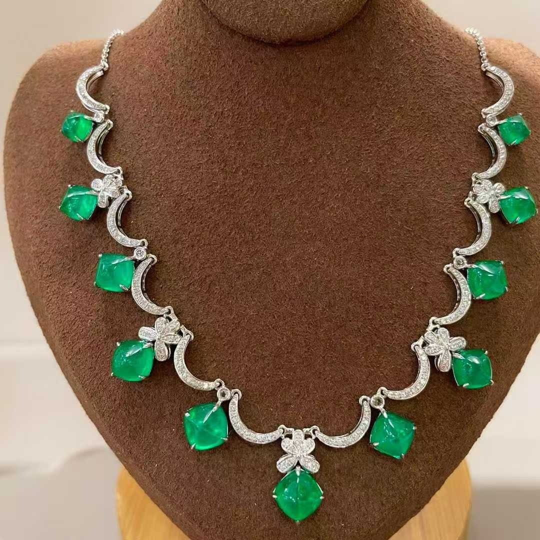 14k Gold 10.57 Ct Natural Emerald & Diamond & Sapphire Necklace - 2