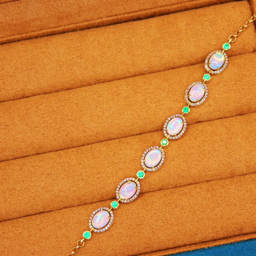 14k Gold 2.79 Ctw Natural Opal & Diamond Bracelet - 2