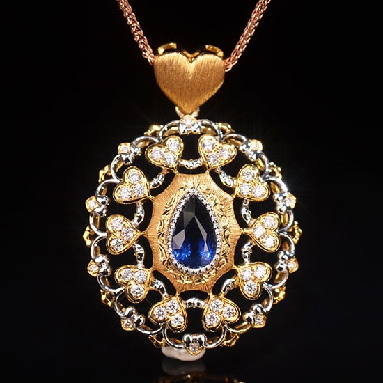 14k Gold 1.62 Ctw Natural Sapphire & Diamond Pendant( Without Chain ): Ref:231141029 // gold content:14k gold // main gemstone:sapphire // shape:pear // carat weight:1. 21ct // color:royal blue // treatment:natural // // adjacent gemstone 2 : diamond // shape:round //