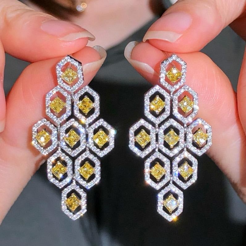 14k Gold 3.52 Ctw Natural Yellow Diamond & Diamond Earrings: Ref:231141039 // gold content:14k gold // main gemstone:yellow diamond // shape:asscher // carat weight:2. 27ct // color:yellow // treatment:natural // // adjacent gemstone 2 : diamond // shape:round