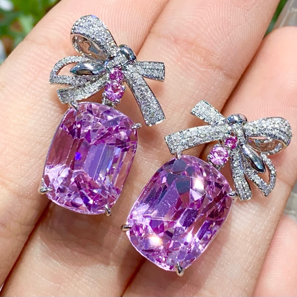 14k Gold 23.8 Ct Natural Kunzite & Diamond Earrings - 3