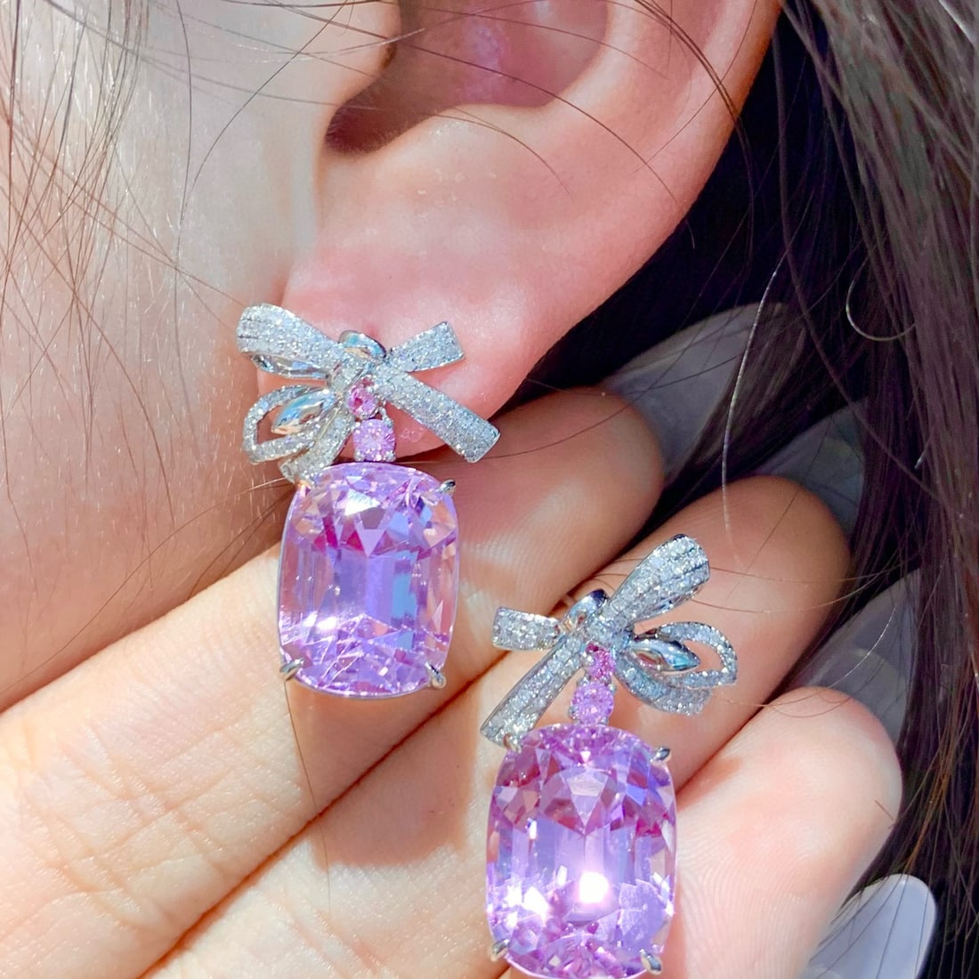 14k Gold 23.8 Ct Natural Kunzite & Diamond Earrings - 6