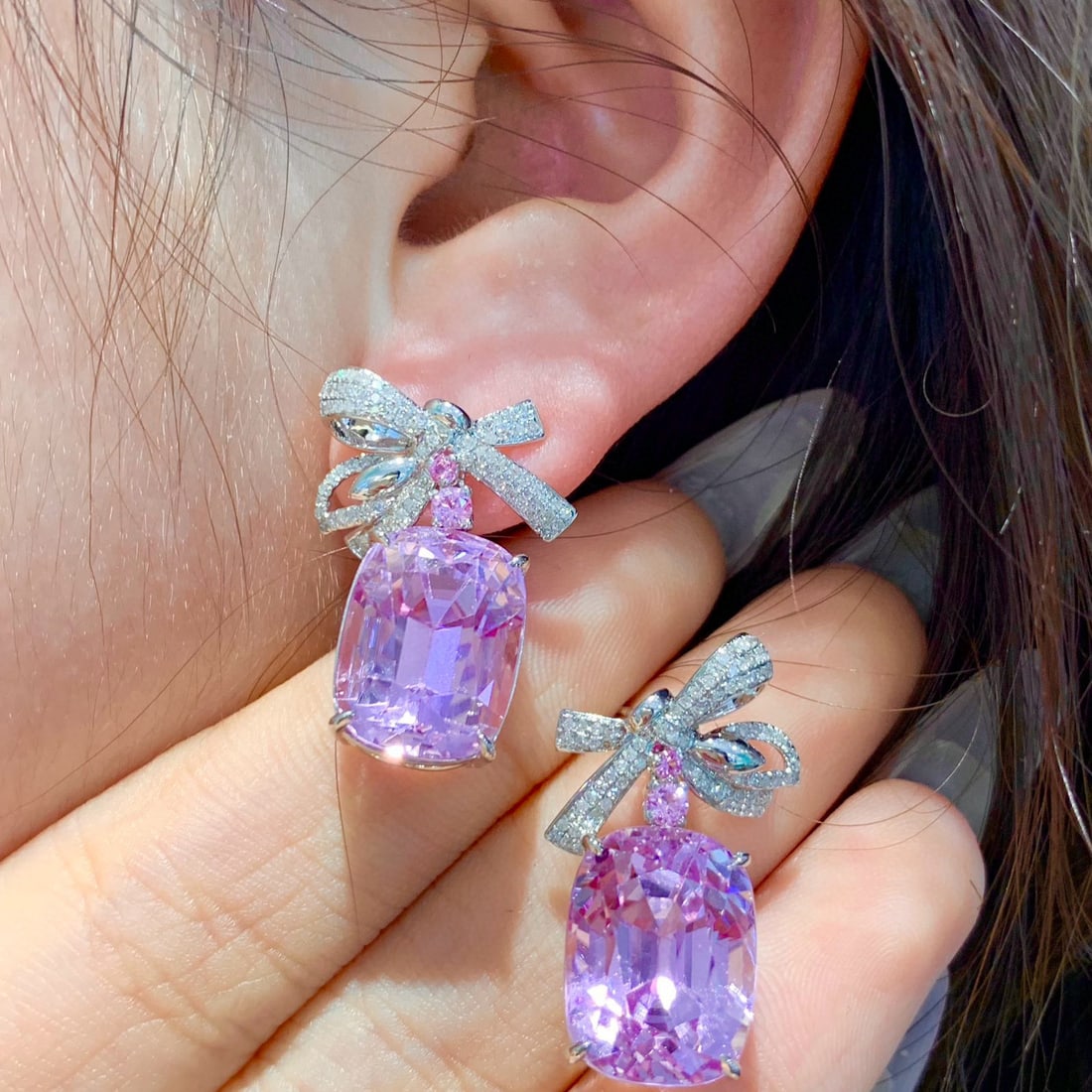 14k Gold 23.8 Ct Natural Kunzite & Diamond Earrings - 7