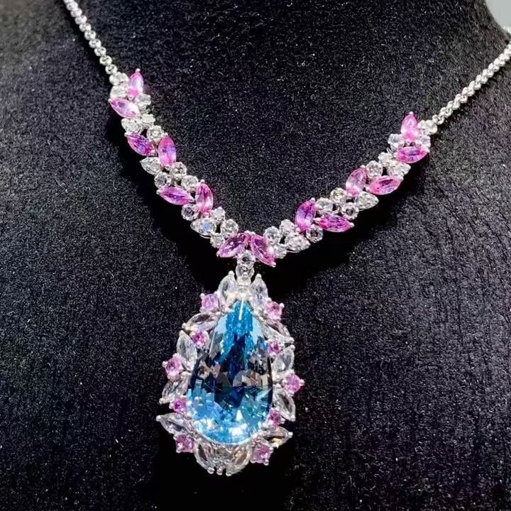 14k Gold 5.29 Ct Natural Aquamarine & Sapphire & Diamond Necklace - 5