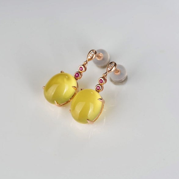14k Gold 9.63 Ct Natural Prehnite & Diamond & Ruby Earrings - 8