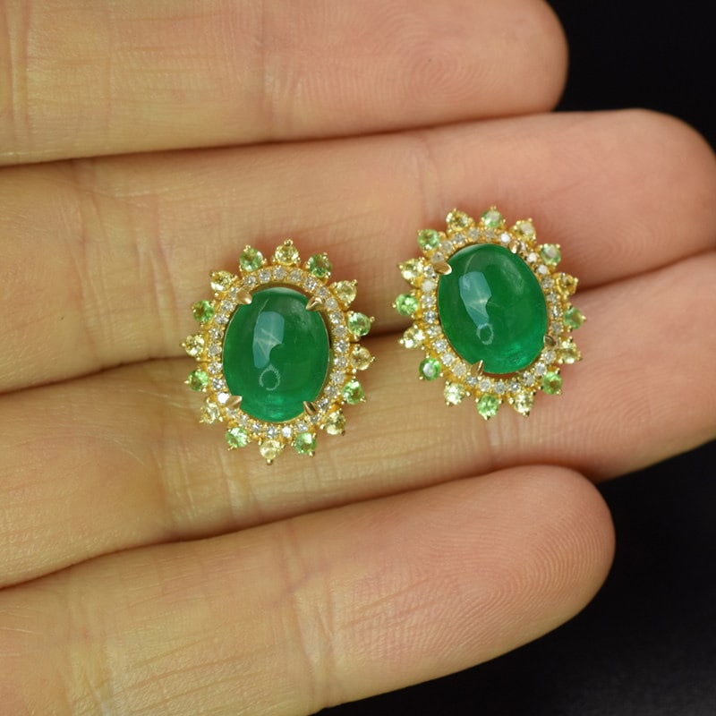 14k Gold 3.61 Ctw Natural Emerald & Tsavorite Earrings - 2