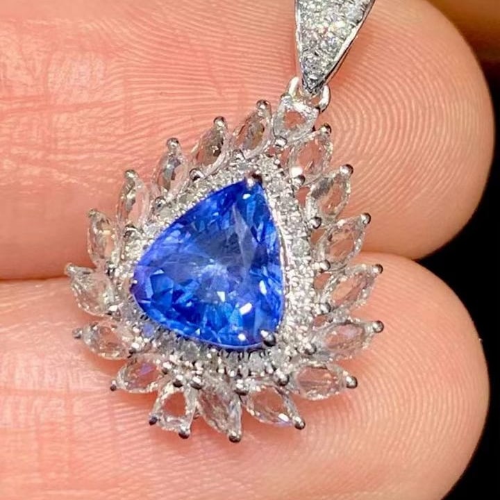 14k Gold 1.25 Ct Natural Sapphire & Diamond & Sapphire Pendant( Without Chain ) - 2