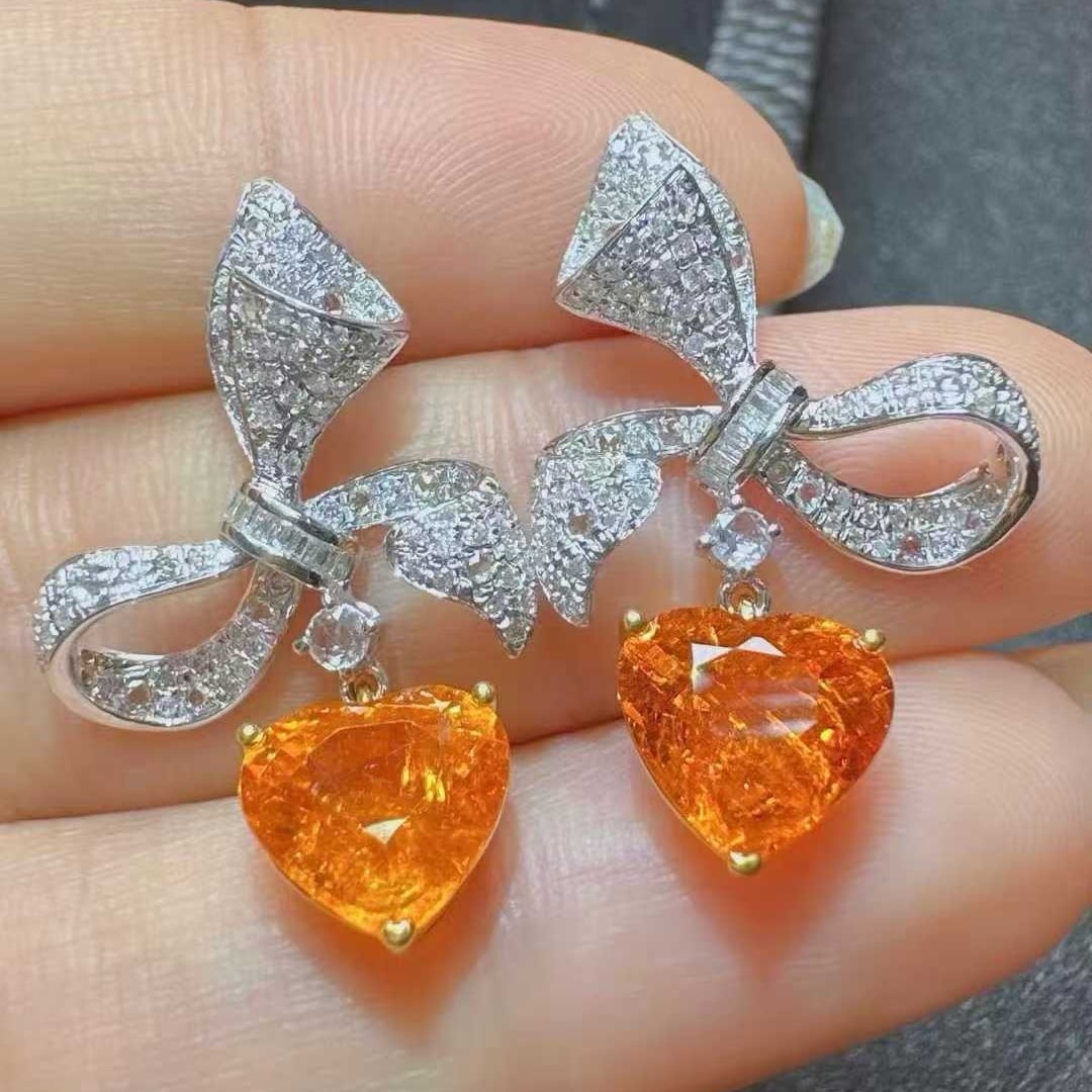 14k Gold 5.78 Ctw Natural Spessartine & Diamond Earrings - 2