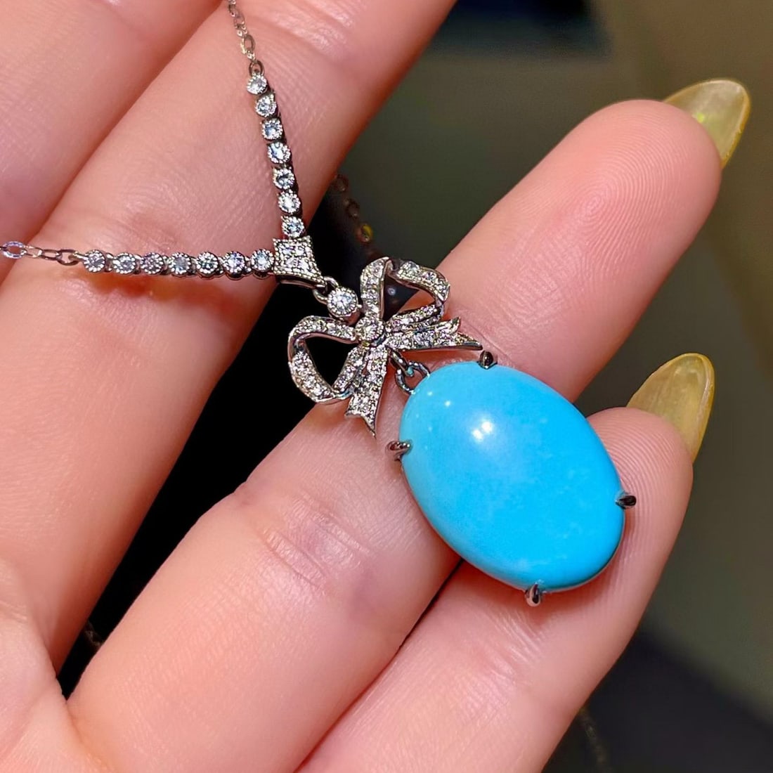 14k Gold 7.54 Ctw Natural Blue Turquoise & Diamond Necklace - 2