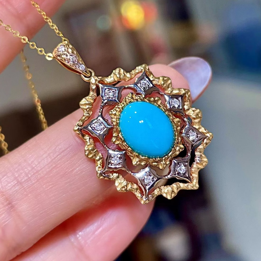 14k Gold 2.48 Ctw Natural Blue Turquoise & Diamond Pendant( Without Chain ) - 2