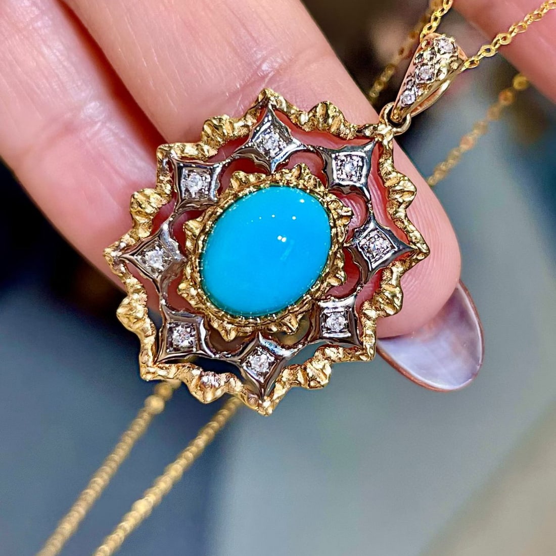 14k Gold 2.48 Ctw Natural Blue Turquoise & Diamond Pendant( Without Chain ) - 3