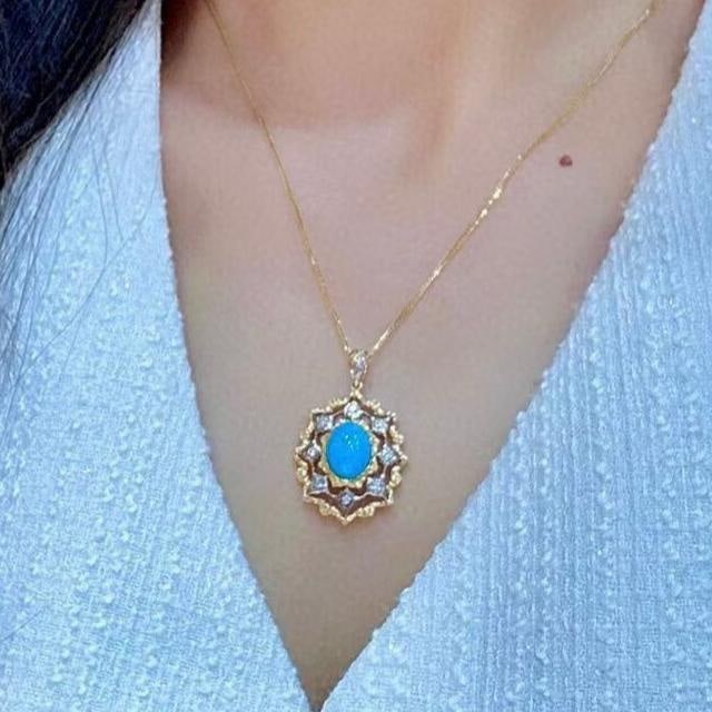 14k Gold 2.48 Ctw Natural Blue Turquoise & Diamond Pendant( Without Chain ) - 4