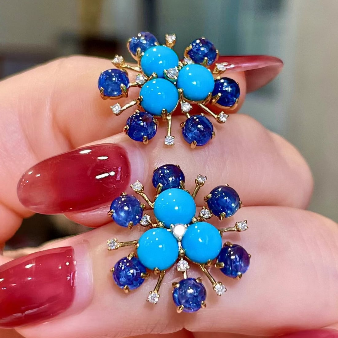 14k Gold 8.47 Ctw Natural Blue Turquoise & Sapphire Earrings - 2