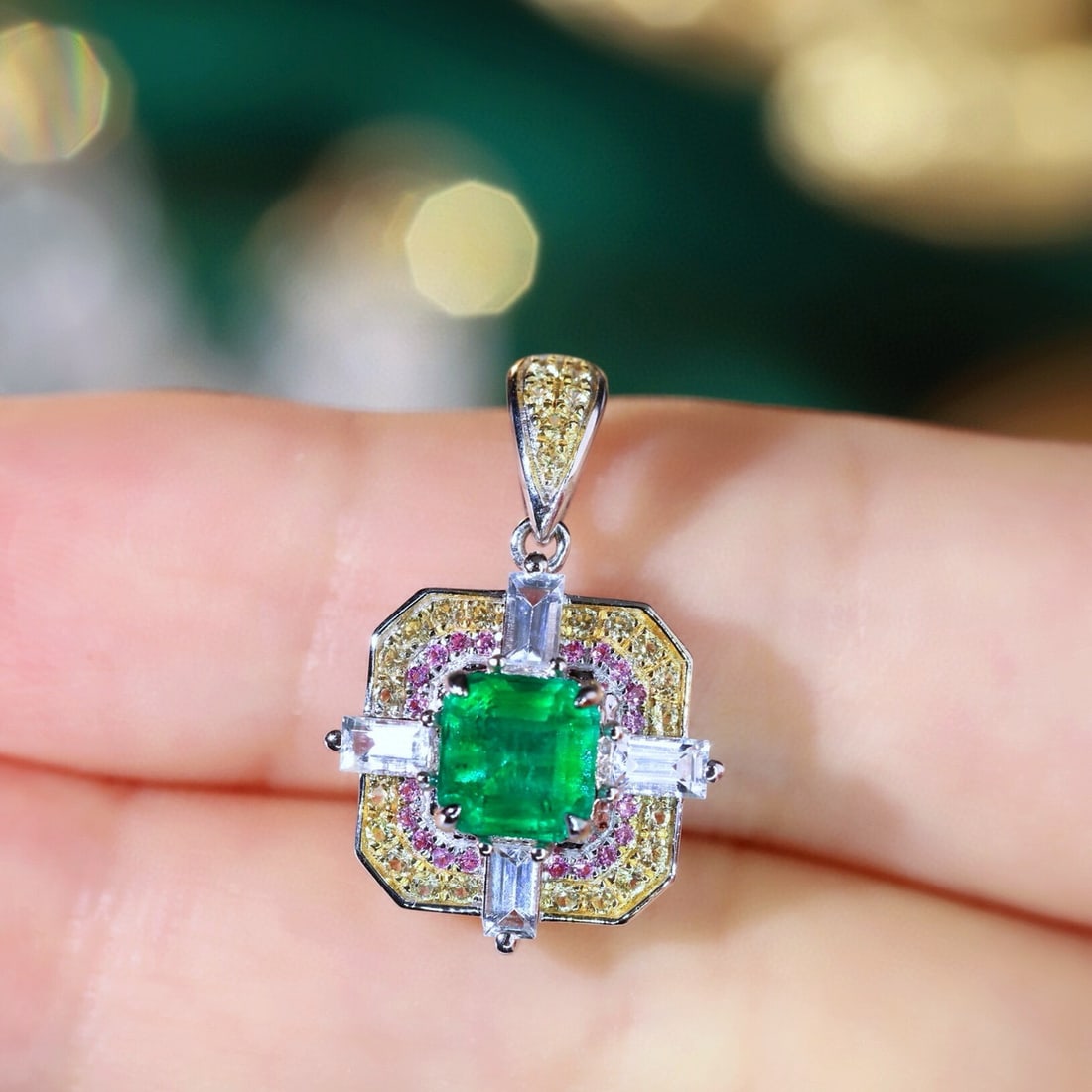 14k Gold 1.81 Ctw Natural Emerald & Sapphire Pendant( Without Chain ) - 3
