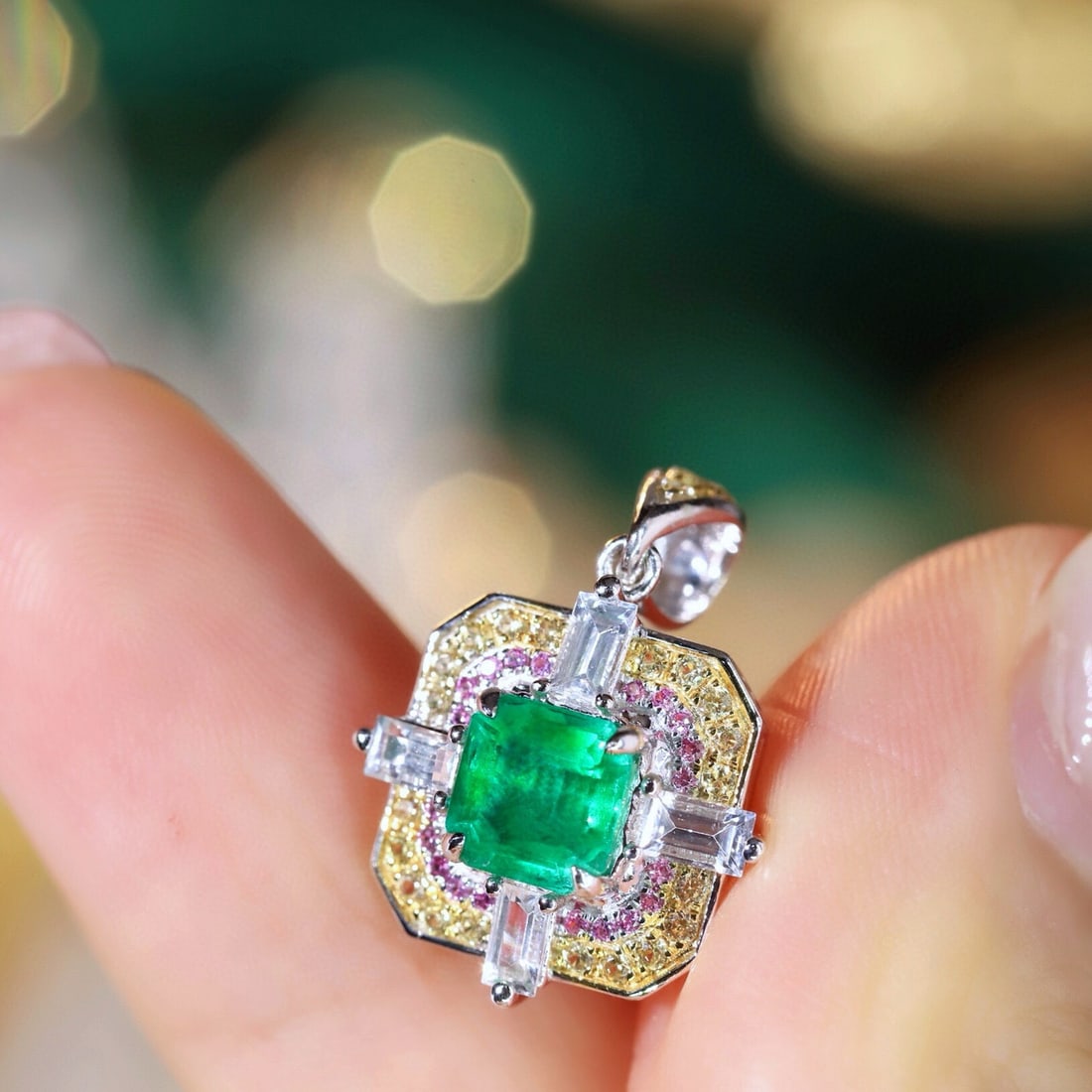 14k Gold 1.81 Ctw Natural Emerald & Sapphire Pendant( Without Chain ) - 4