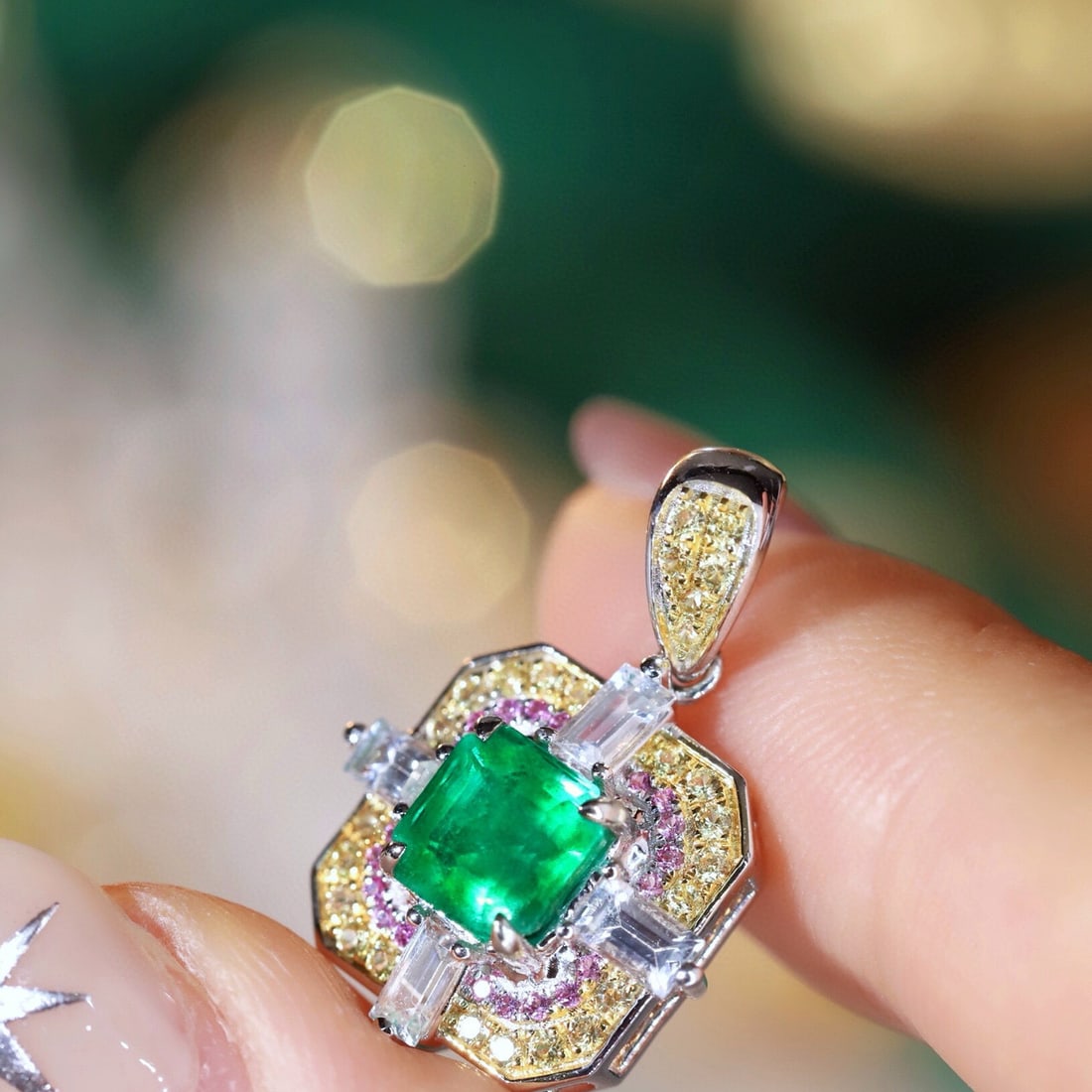 14k Gold 1.81 Ctw Natural Emerald & Sapphire Pendant( Without Chain ) - 5