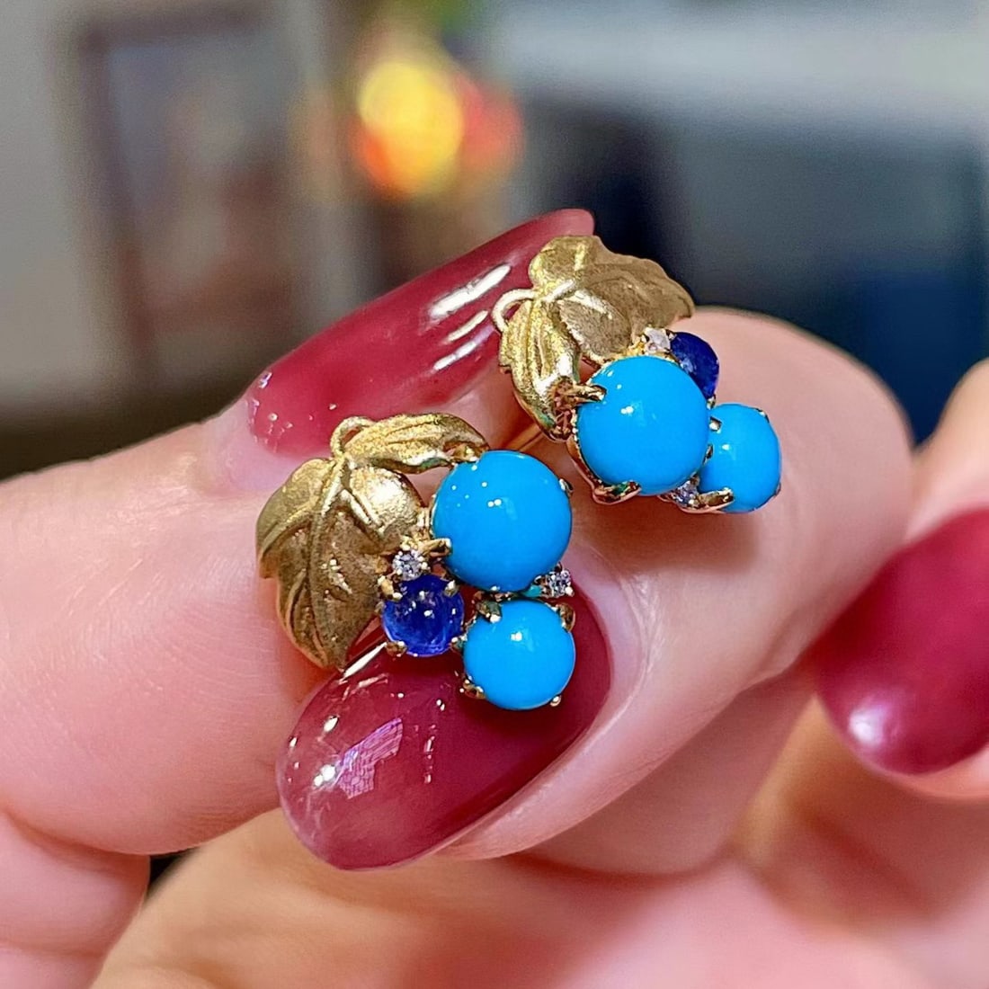 14k Gold 2.01 Ctw Natural Blue Turquoise & Sapphire Earrings - 2