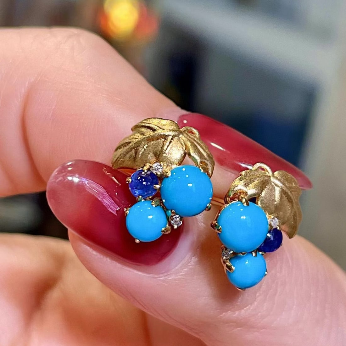 14k Gold 2.01 Ctw Natural Blue Turquoise & Sapphire Earrings - 3