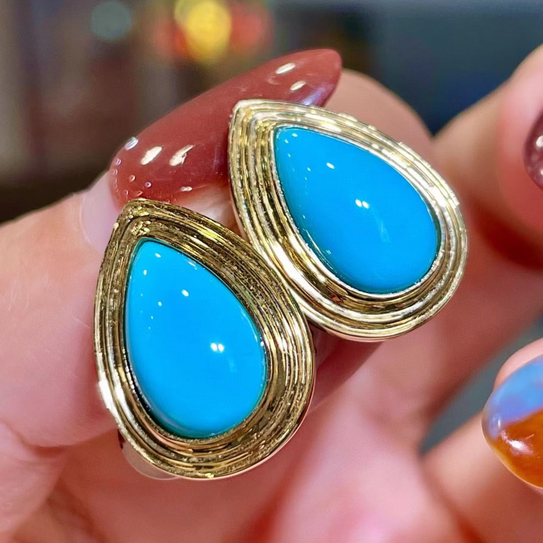 14k Gold 5.86 Ct Natural Blue Turquoise Earrings - 2