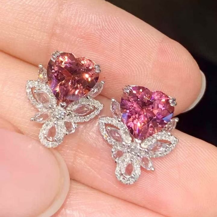 14k Gold 2.8 Ct Natural Tourmaline & Diamond & Sapphire Earrings - 2