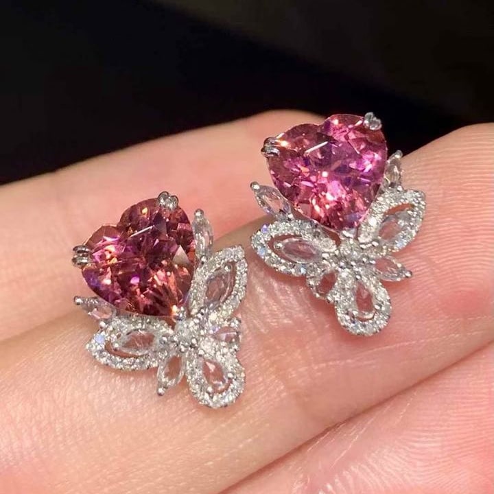 14k Gold 2.8 Ct Natural Tourmaline & Diamond & Sapphire Earrings - 4