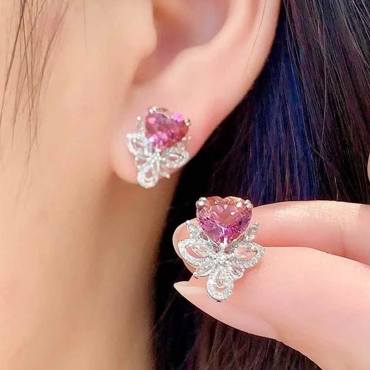 14k Gold 2.8 Ct Natural Tourmaline & Diamond & Sapphire Earrings - 6