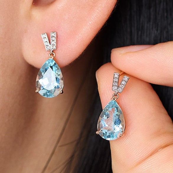 14k Gold 3.13 Ct Natural Aquamarine & Diamond Earrings - 8