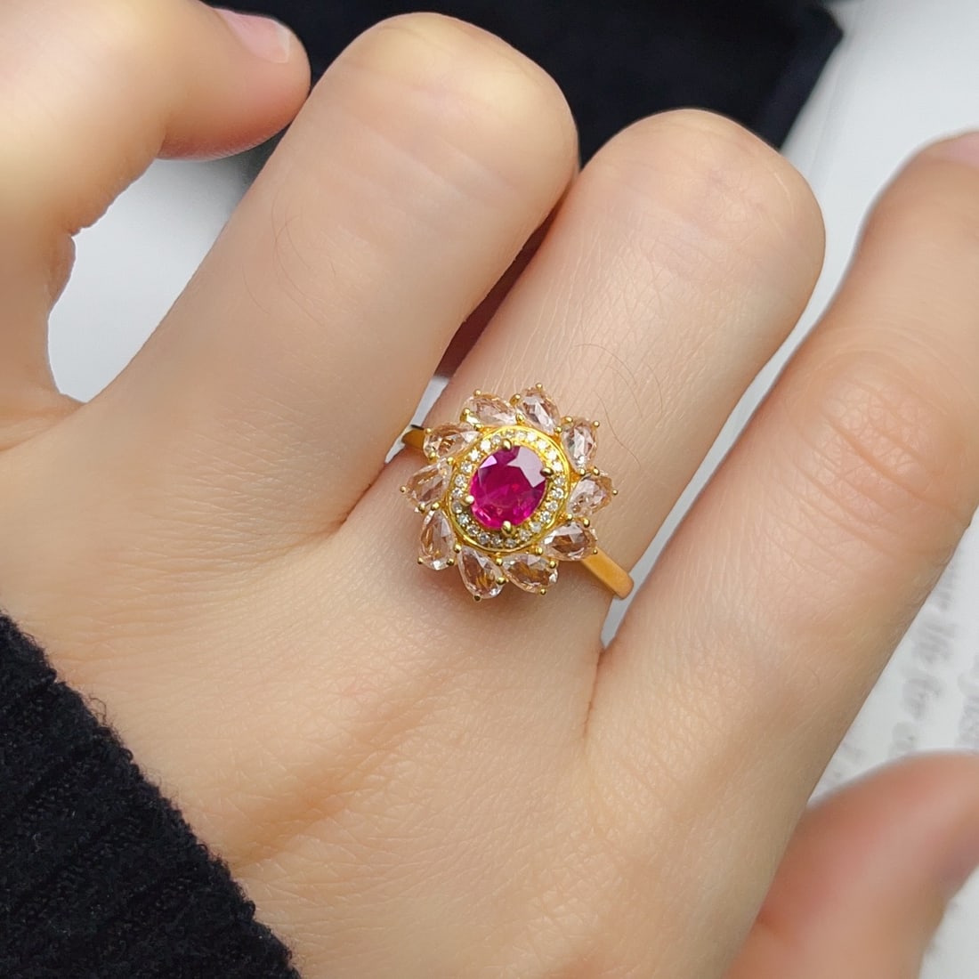 14k Gold 0.82 Ct Natural Ruby & Diamond & Sapphire Ring - 6
