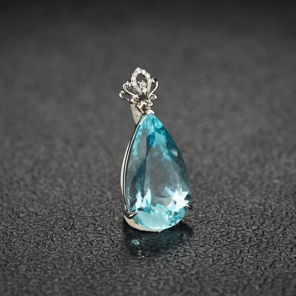 14k Gold 7.77 Ct Natural Aquamarine & Diamond Pendant( Without Chain ) - 2