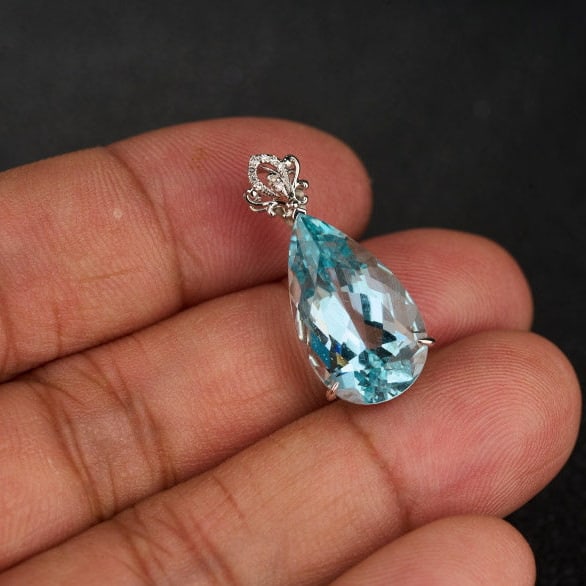 14k Gold 7.77 Ct Natural Aquamarine & Diamond Pendant( Without Chain ) - 6