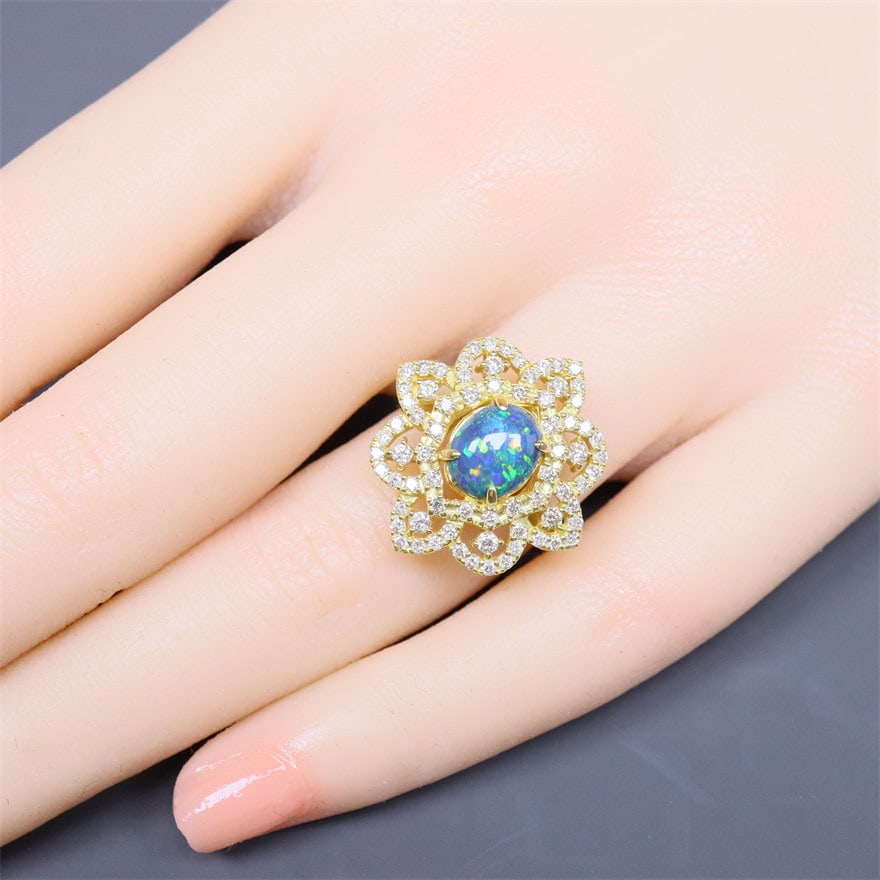 14k Gold 1.7 Ctw Natural Opal & Diamond Ring - 7