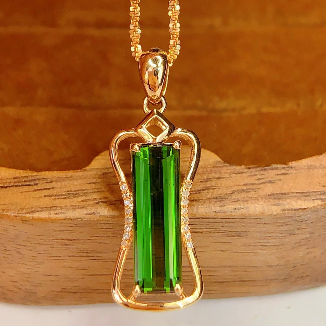 14k Gold 2 Ct Natural Tourmaline & Diamond Pendant( Without Chain ) - 4