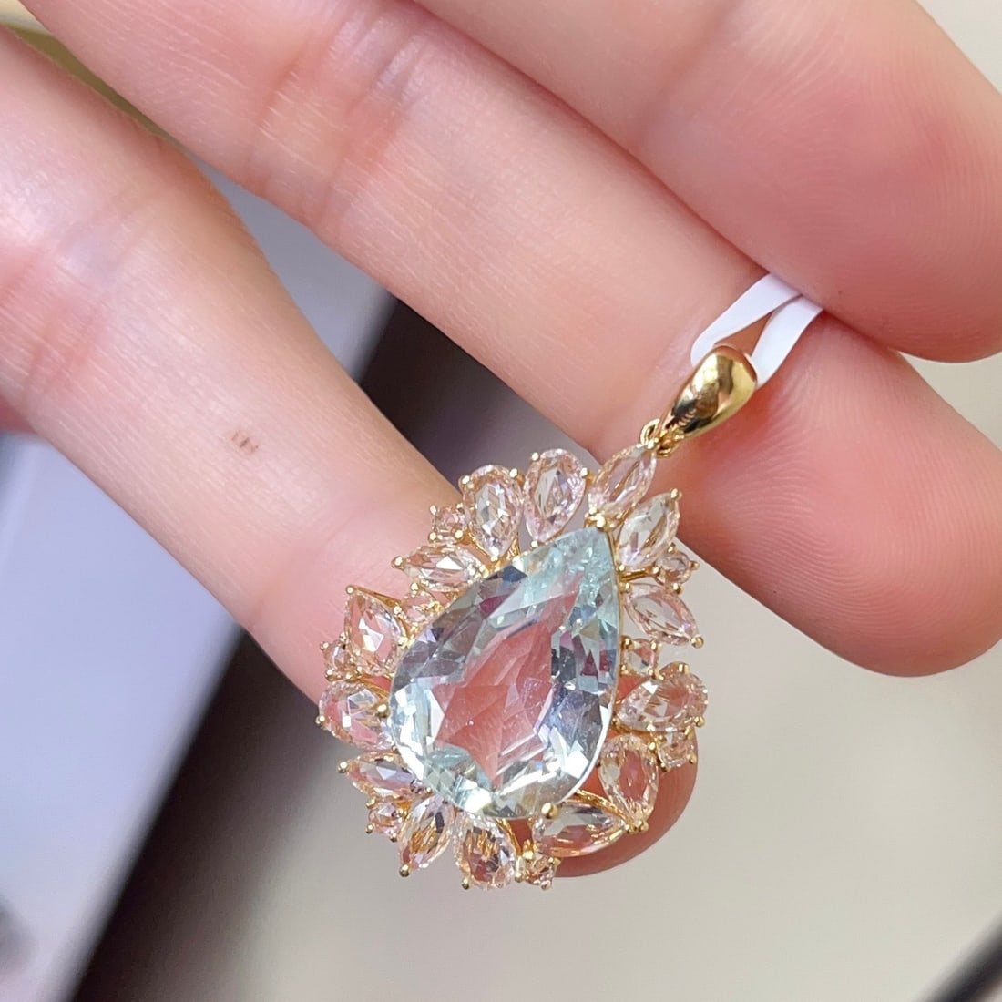14k Gold 5.20 Ct Natural Aquamarine & Sapphire Pendant( Without Chain ) - 2