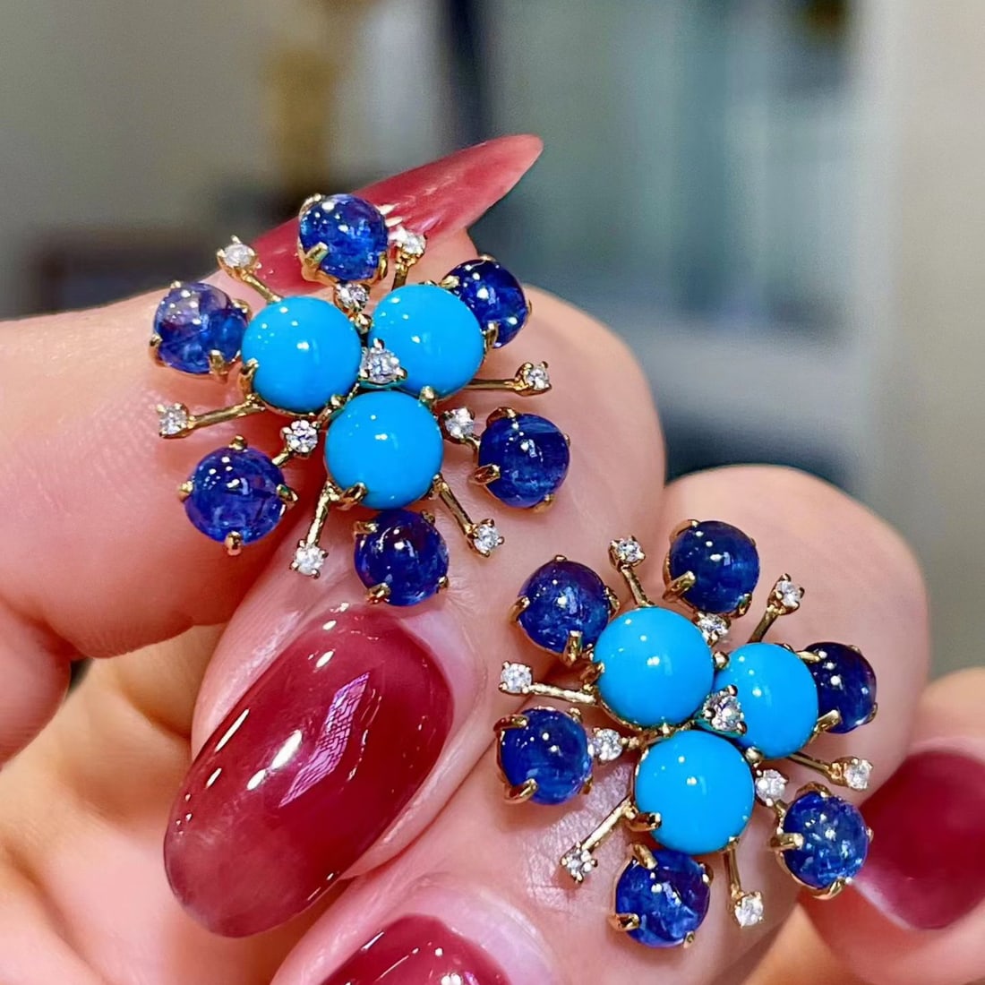 14k Gold 8.47 Ctw Natural Blue Turquoise & Sapphire Earrings - 2