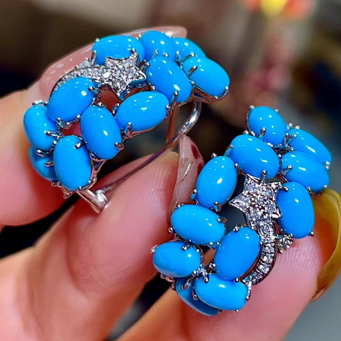 14k Gold 10.15 Ctw Natural Blue Turquoise & Diamond Earrings - 2