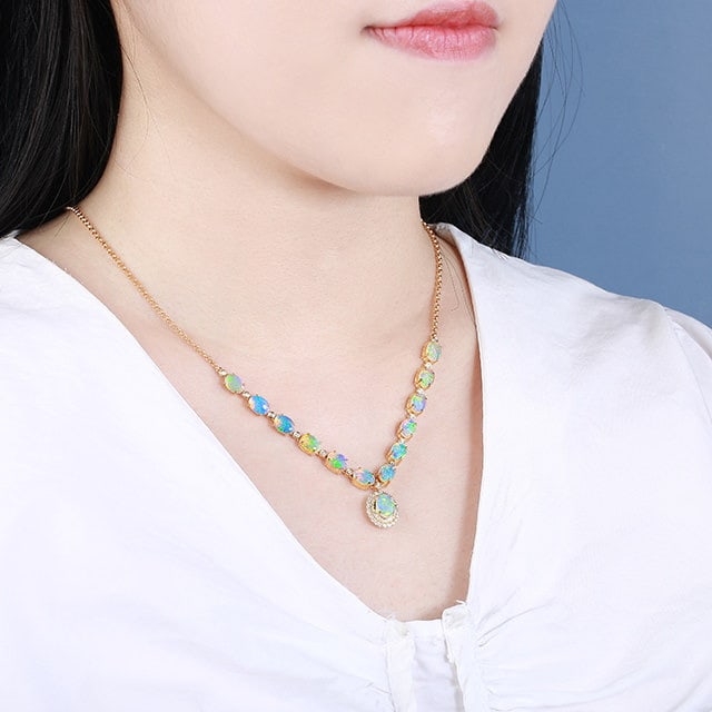 14k Gold 5.78 Ctw Natural Opal & Diamond Necklace - 7