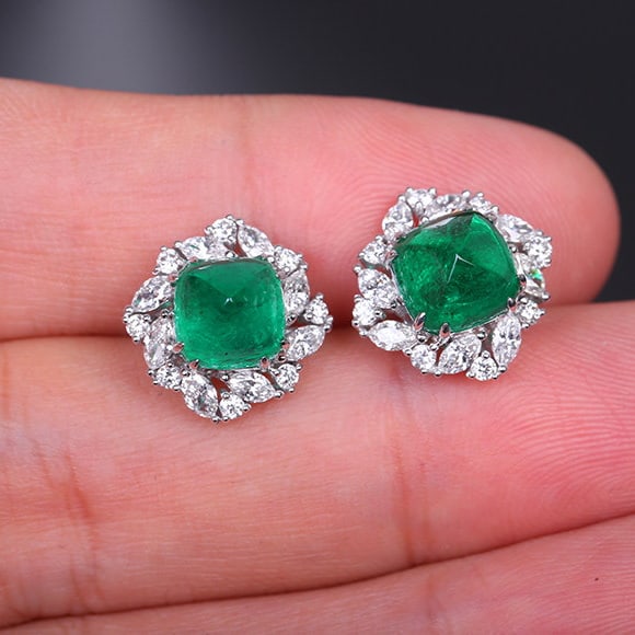 14k Gold 6.46 Ctw Vivid Green Natural Emerald & Diamond Earrings - 7
