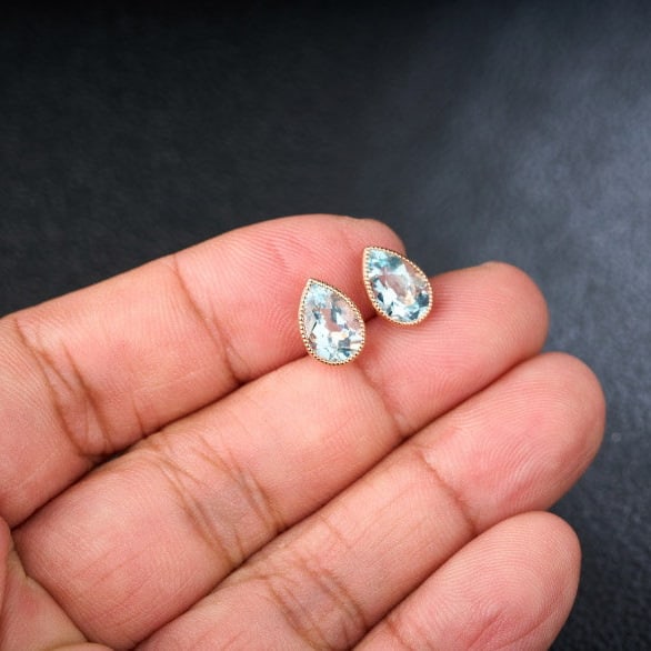 14k Gold 2 Ct Natural Aquamarine Earrings - 8