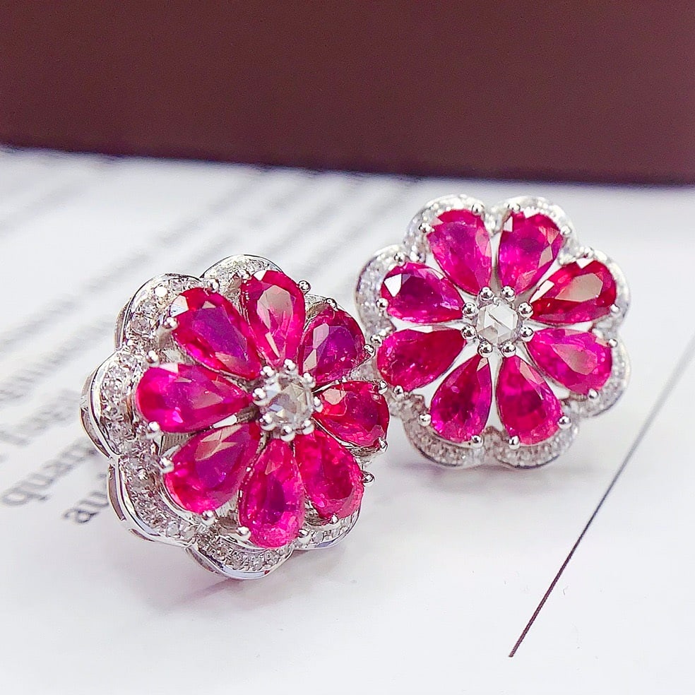 14k Gold 6 Ct Natural Ruby & Diamond Earrings - 2