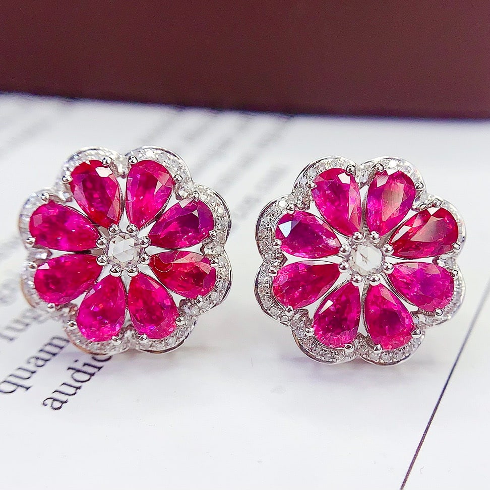 14k Gold 6 Ct Natural Ruby & Diamond Earrings - 3