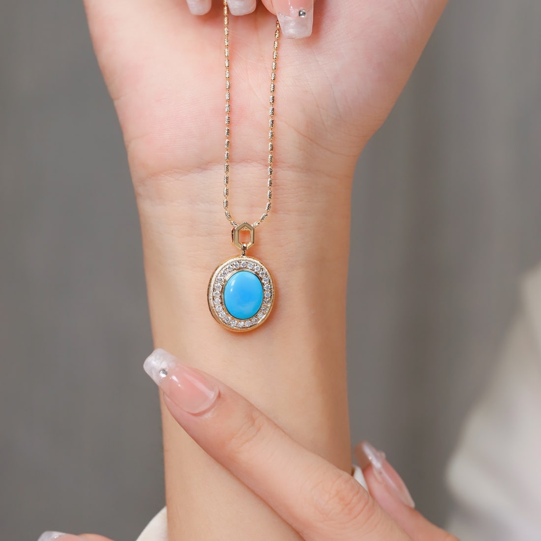 14k Gold 2.67 Ctw Natural Blue Turquoise & Diamond Pendant( Without Chain ) - 2