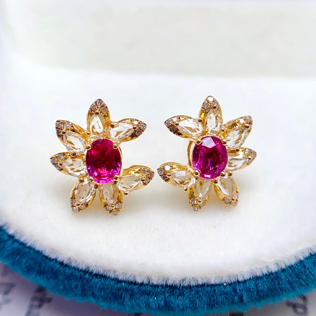 14k Gold 1.00 Ct Natural Ruby & Diamond & Sapphire Earrings: Ref:231142297 // gold content:14k gold // main gemstone:ruby // shape:oval // carat weight:1. 00ct // color:red // treatment:natural // // adjacent gemstone 2 : diamond // number of stones:42 //
