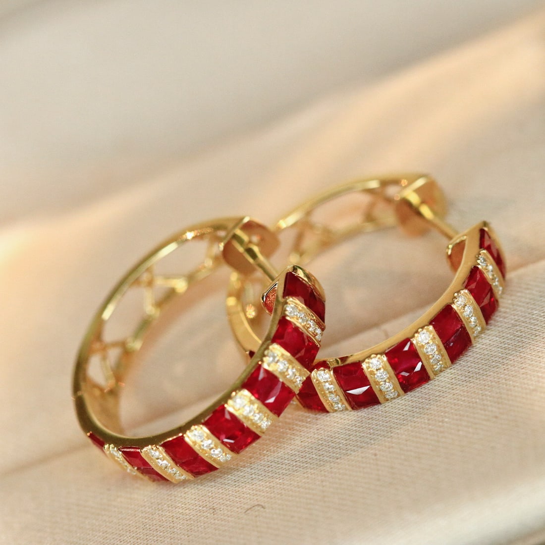 14k Gold 1.60 Ctw Vivid Red Natural Ruby & Diamond Earrings - 2