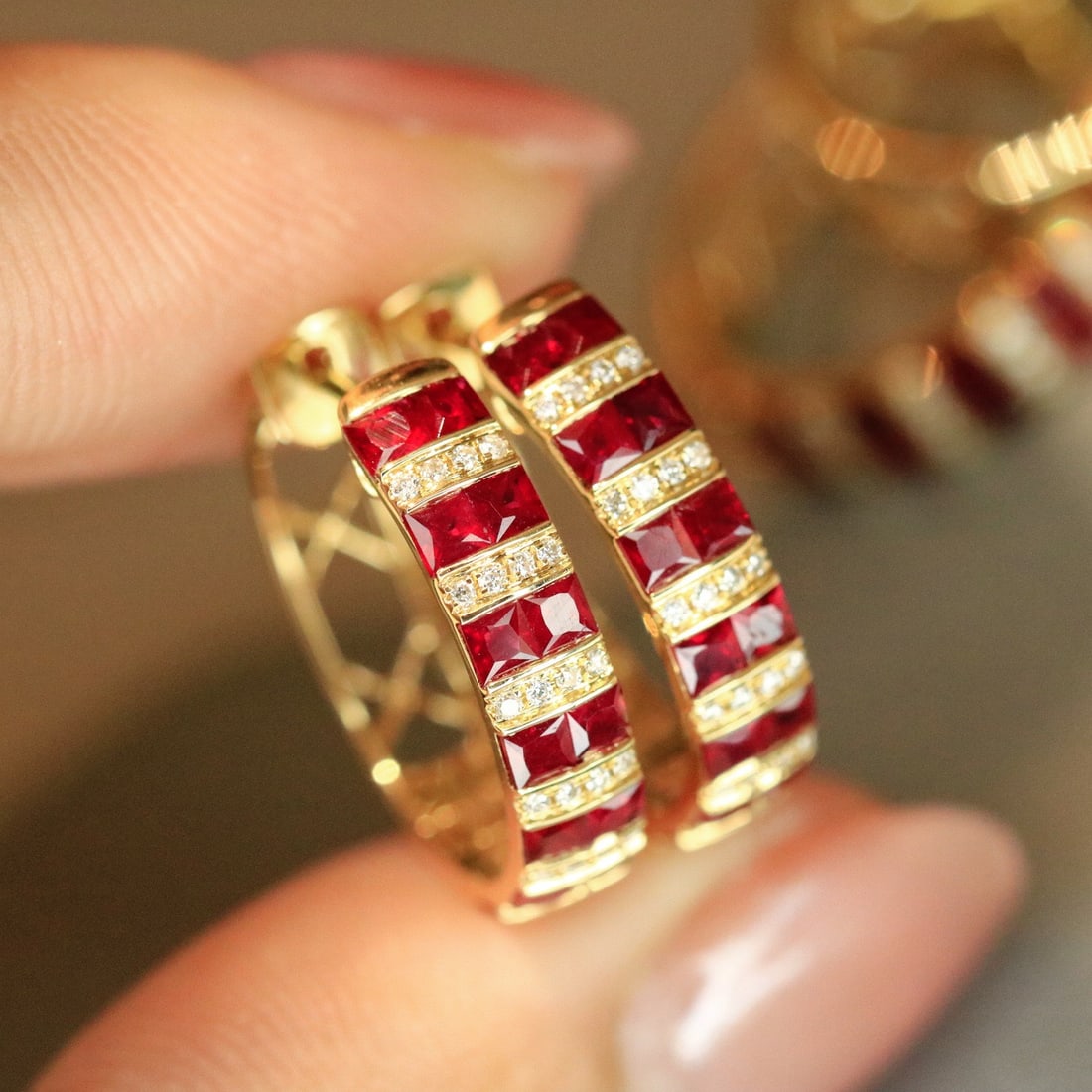 14k Gold 1.60 Ctw Vivid Red Natural Ruby & Diamond Earrings - 4