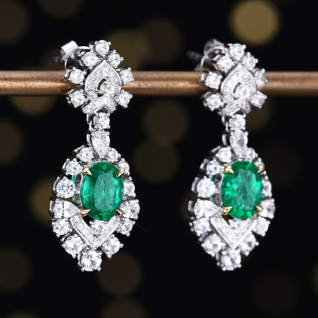 14k Gold 1.64 Ctw Vivid Green Natural Emerald & Diamond Earrings - 2