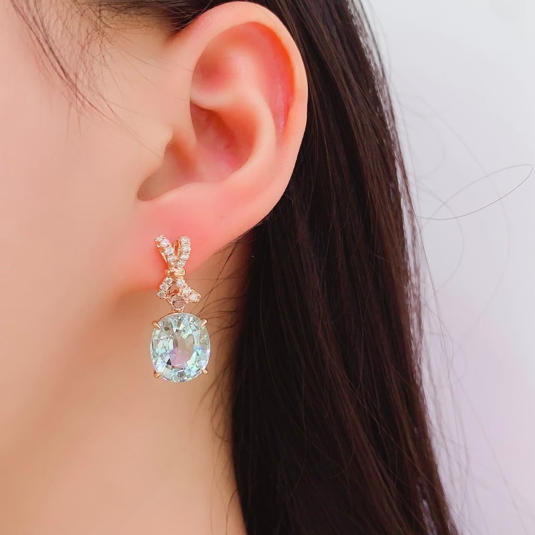 14k Gold 12.1 Ct Natural Aquamarine & Diamond Earrings - 6